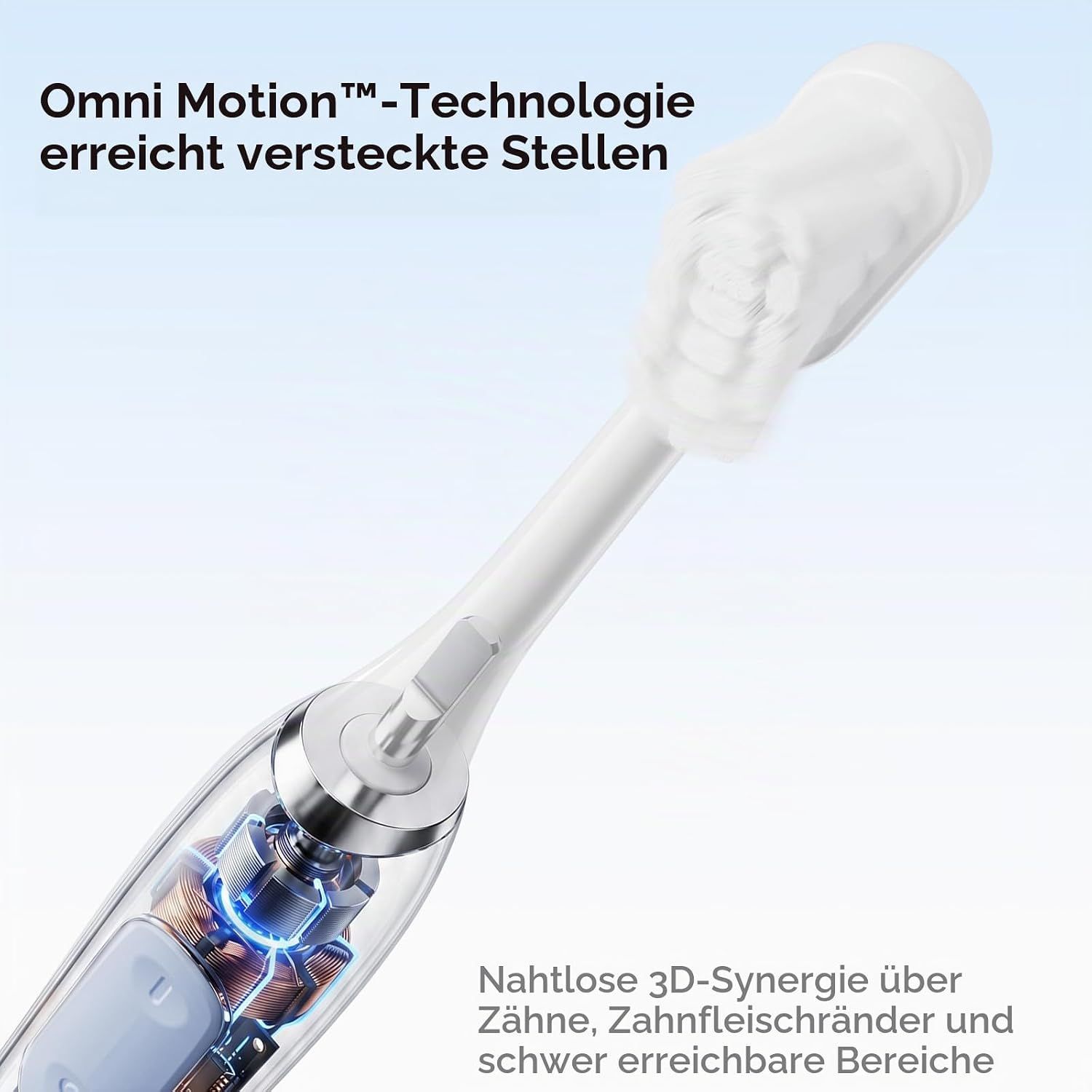 Elektrische Zahnbürste mit Omni Motion Technologie und sichtbarem Motor.