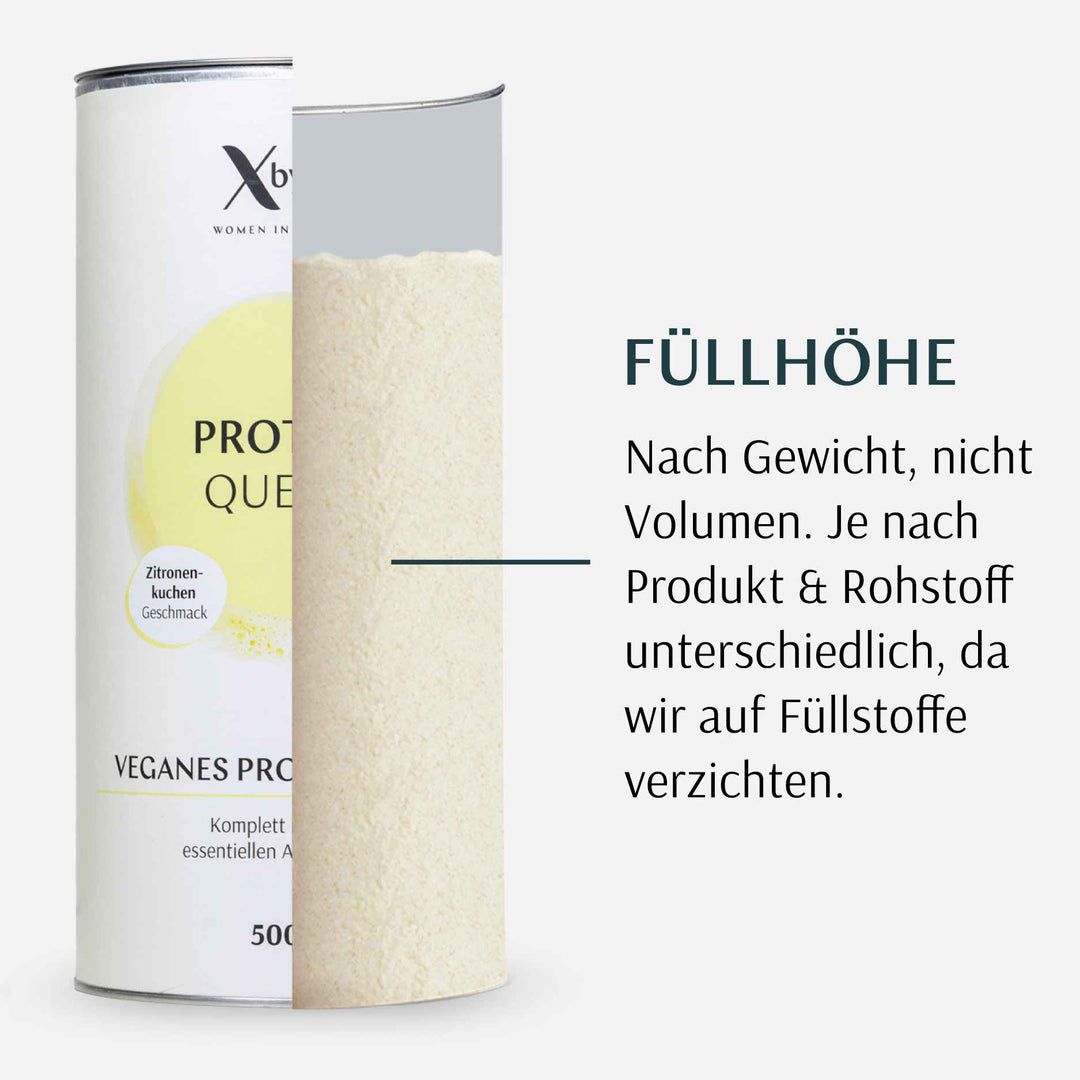 Dose XbyX Protein Quelle, Ansicht des Inhalts. Text: Füllhöhe. Nach Gewicht, nicht Volumen. Veganer Proteinpulver. 500g.