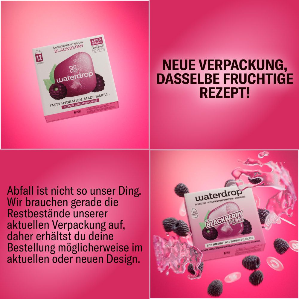 Produktverpackung waterdrop® Microdrink Brombeere. Text: Neue Verpackung, dasselbe fruchtige Rezept! Abfall ist nicht so unser Ding.