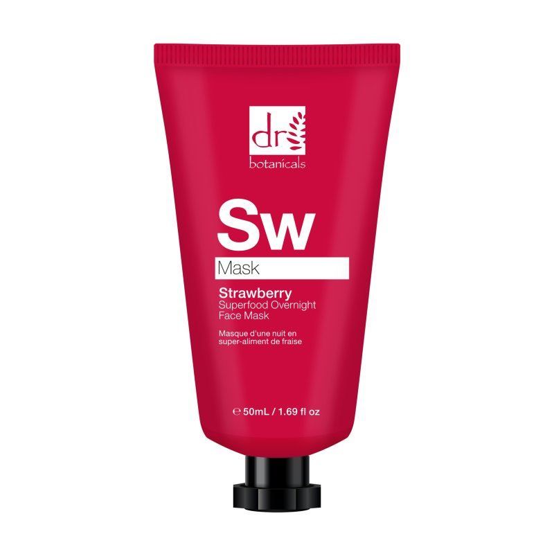 Rote Tube Dr. Botanicals Erdbeer-Gesichtsmaske mit schwarzem Verschluss, Vorderansicht.