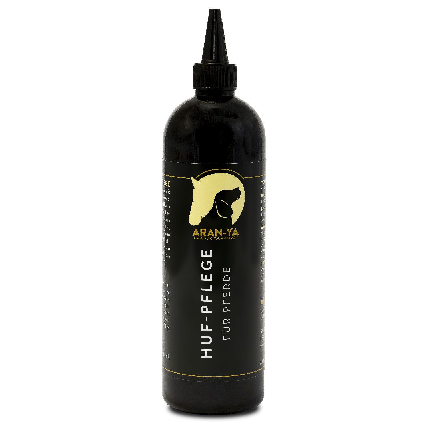 Schwarze Flasche mit Applikator. Aufschrift: Huf-Pflege für Pferde. Logo: Pferd und Hund. Marke: ARAN-YA.