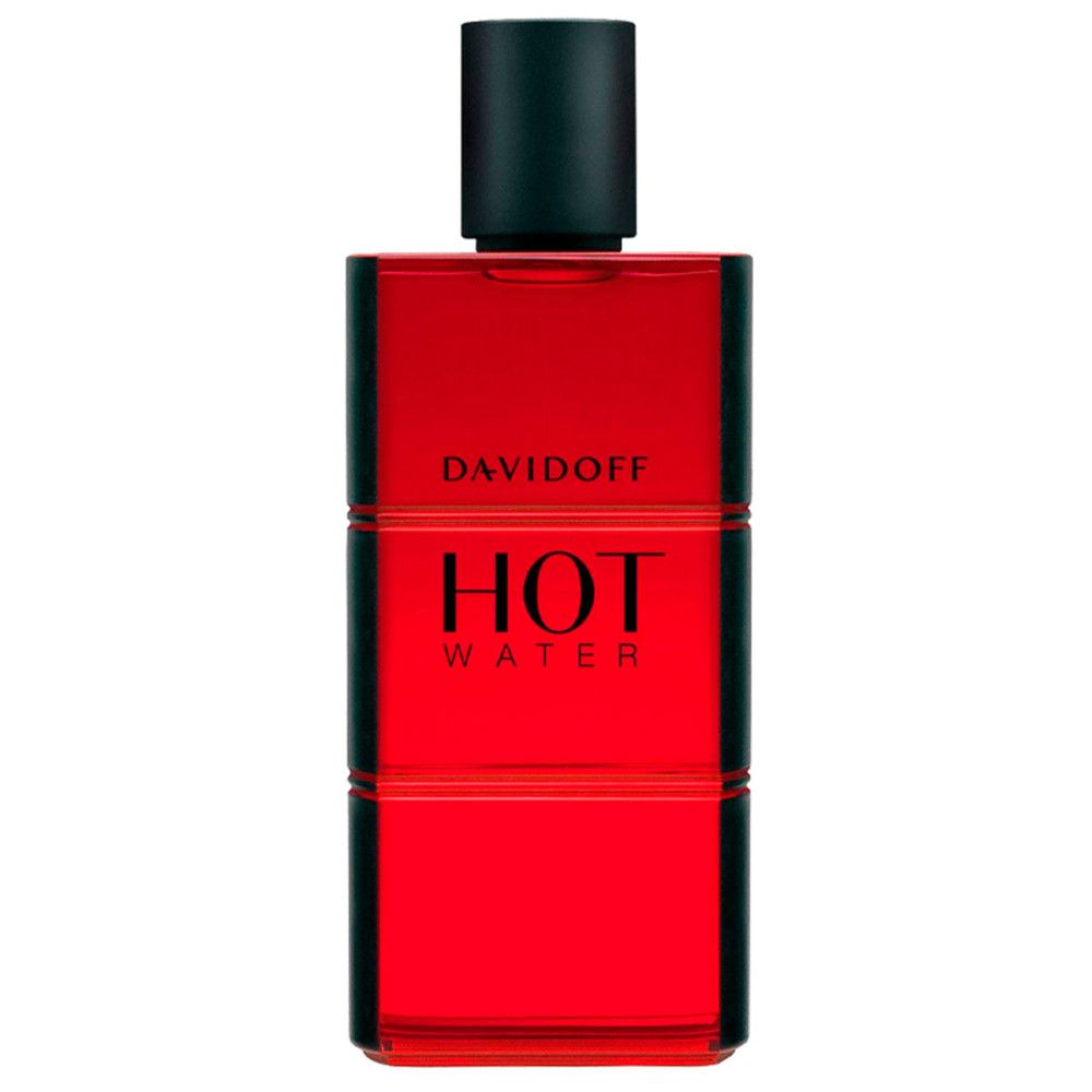 Davidoff Hot Water Eau de Toilette. Rote Flasche mit schwarzem Verschluss. Aufschrift: HOT WATER, DAVIDOFF.