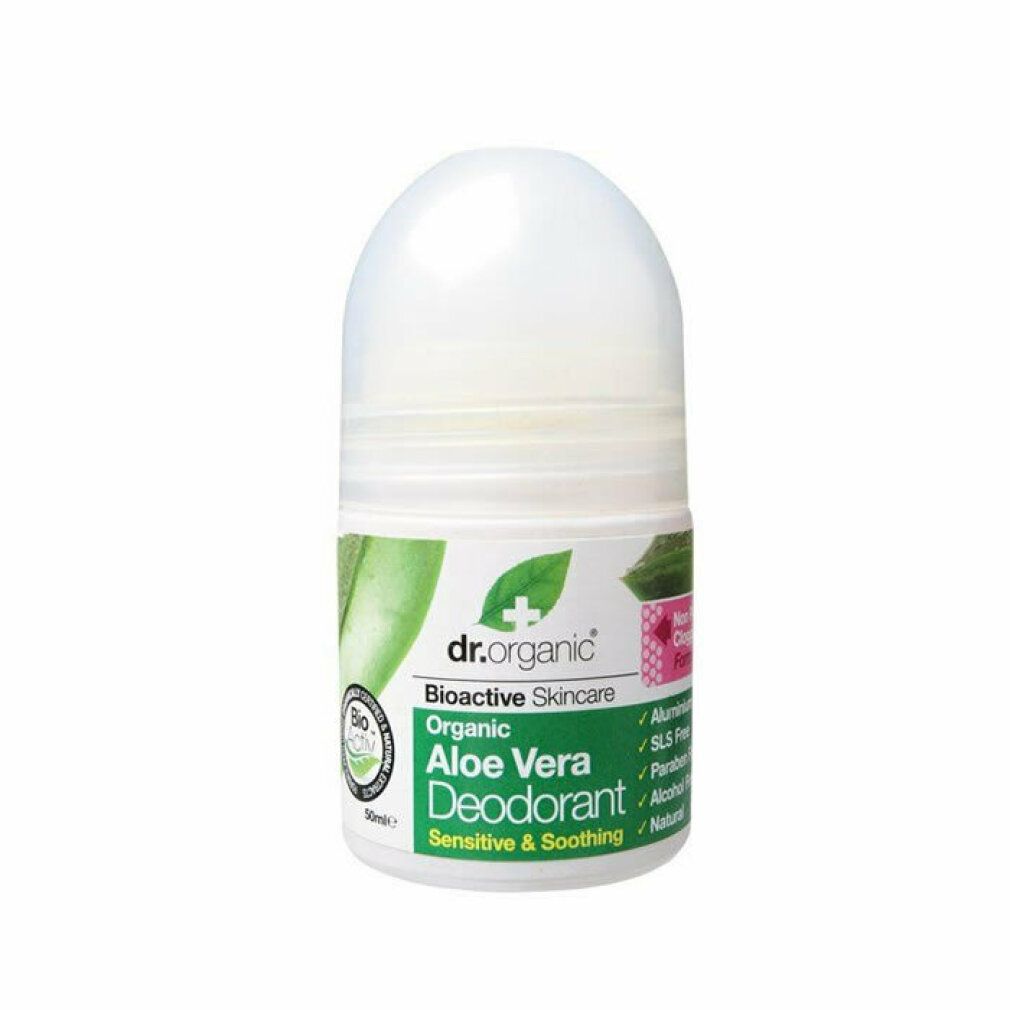 Roll-on-Deodorant. Weißer Behälter mit grünem Etikett. Aufschrift: Aloe Vera Deodorant. Bio-Aktiv-Logo.