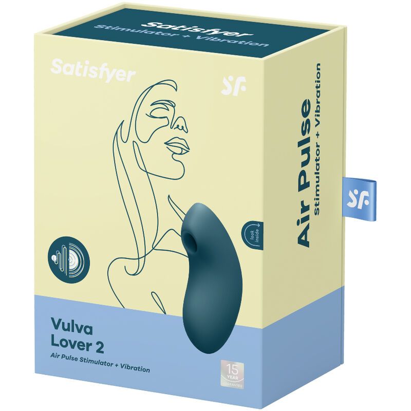 Verpackung mit Produktabbildung. Aufschrift: Satisfyer, Vulva Lover 2, Air Pulse Stimulator + Vibration. Farbgebung: Blau, Beige.