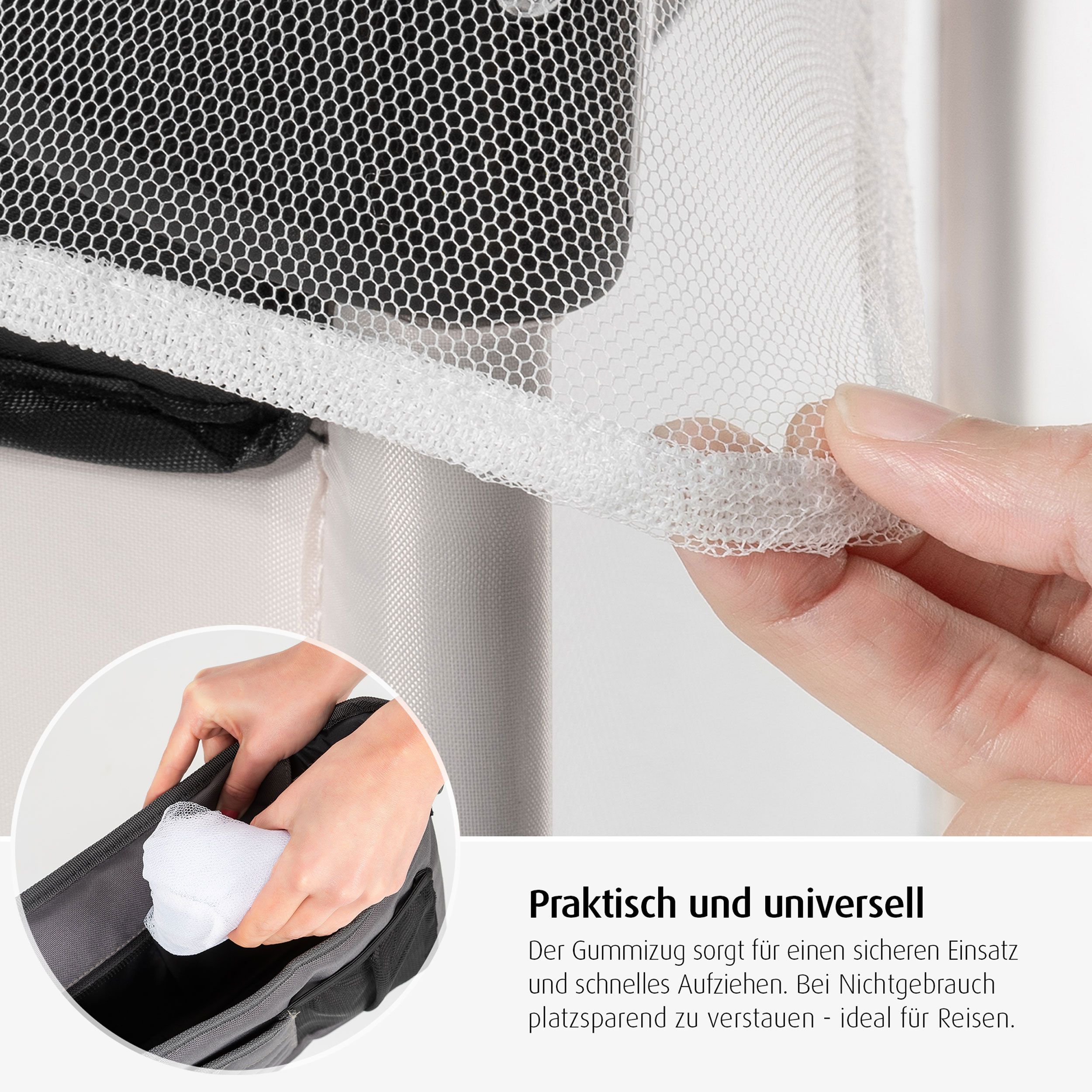 Elastisches Netz, weiß. Detailaufnahme mit Hand, die das Netz anhebt. Schwarze Tasche mit weißem Netz.