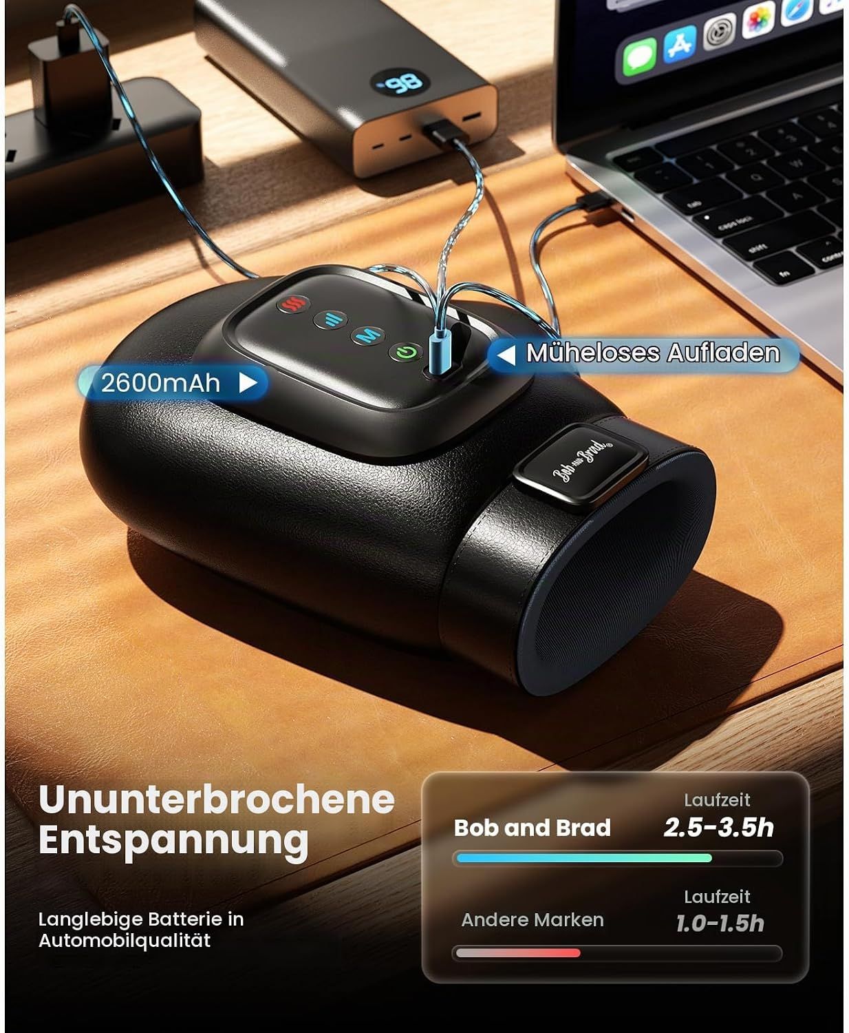 Schwarzer Massagehandgriff mit Ladeanzeige und 2600mAh Batterie.