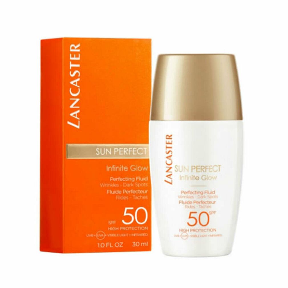 Produktflasche und Verpackung. Aufschrift: Lancaster Sun Perfect Infinite Glow, SPF 50. Produkt für Falten, dunkle Flecken. Orangefarbene Verpackung.