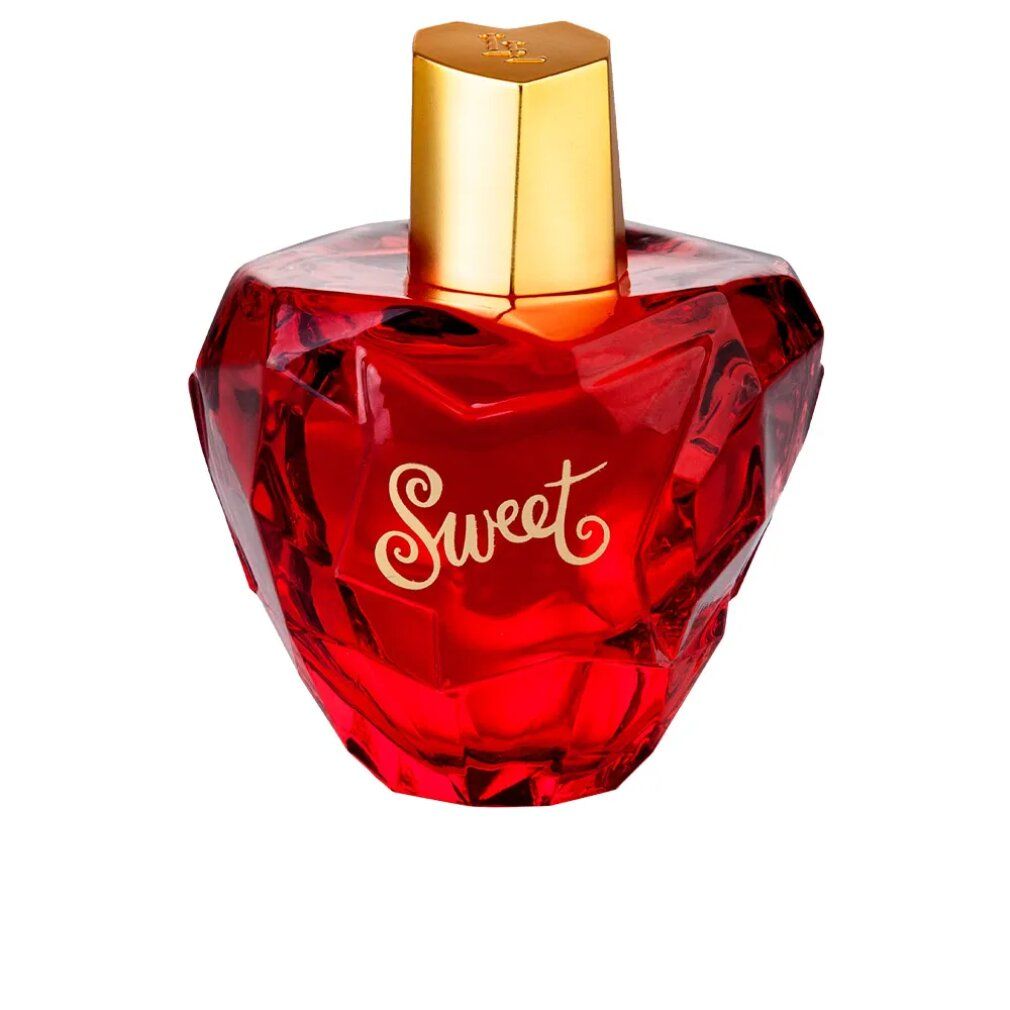Roter Flakon mit goldfarbenem Verschluss. Aufschrift "Sweet". Geometrische Form. Parfümflasche.