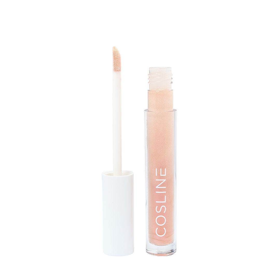Geöffnete Lipgloss-Tube mit Applikator. Auf der Tube steht 'COSline'.