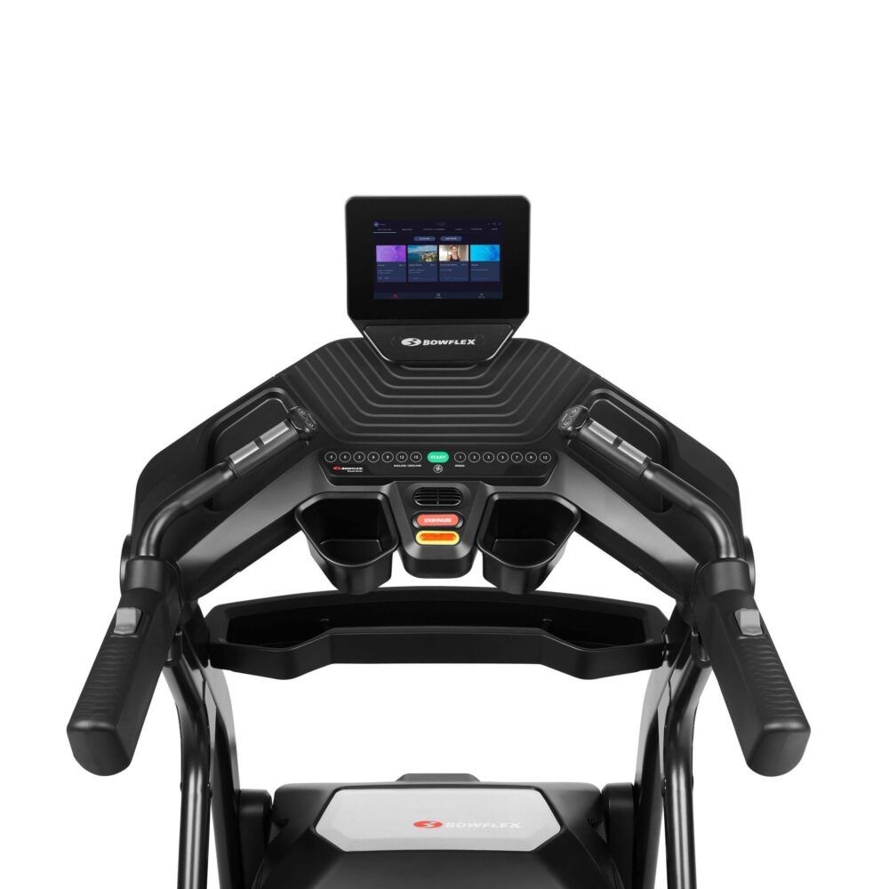 Konsole des Laufbands T25. Schwarzes Design. Bildschirm. Griffe. Bowflex-Logo.