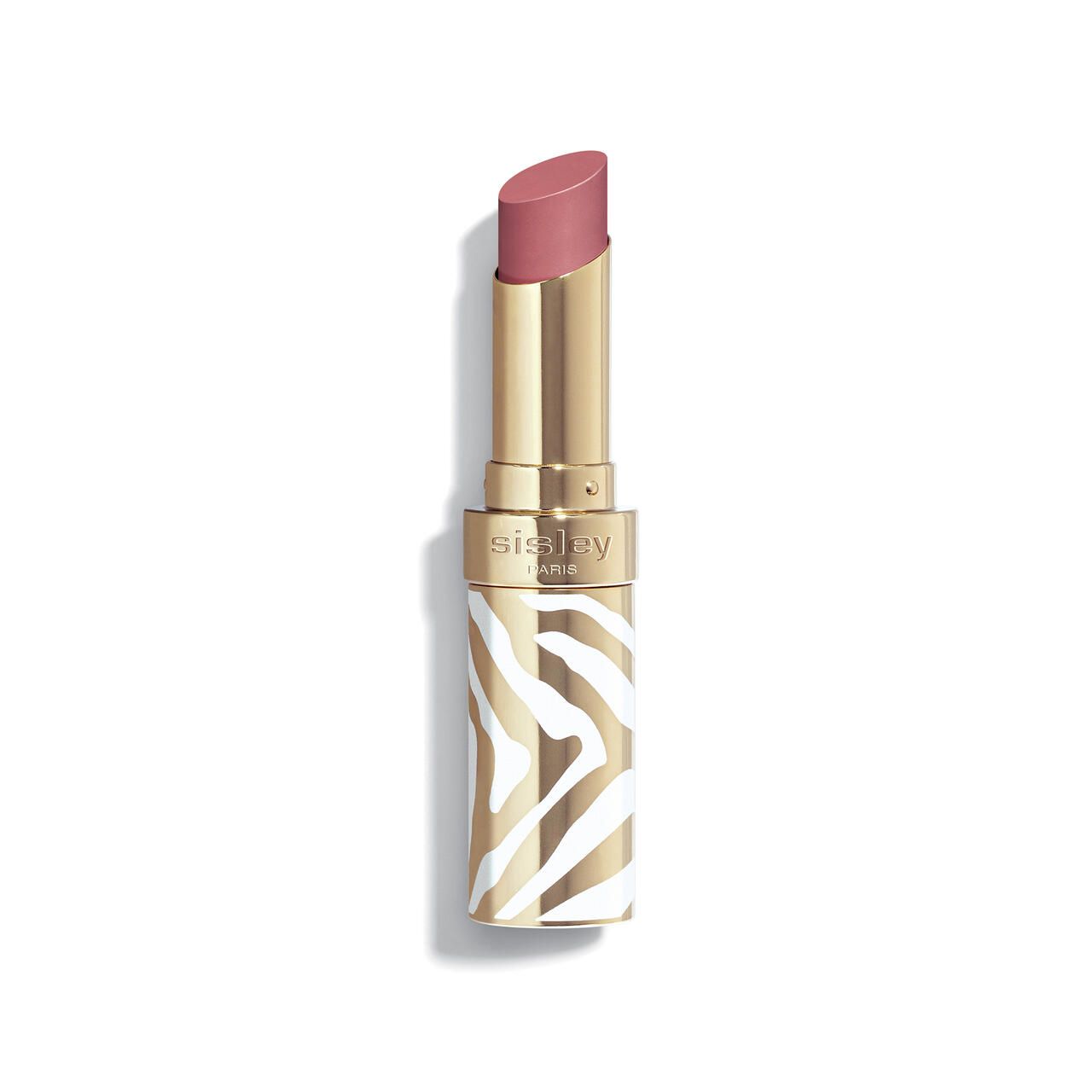 Lippenstift mit rosa Spitze, goldener Hülse mit Zebra-Muster. Sisley Paris Schriftzug.