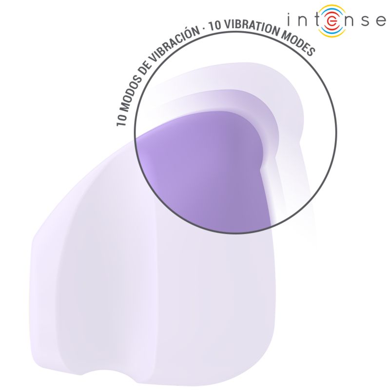 Lila Stimulator mit 10 Vibrationsmodi. Gelber Knopf. Marke Intense.