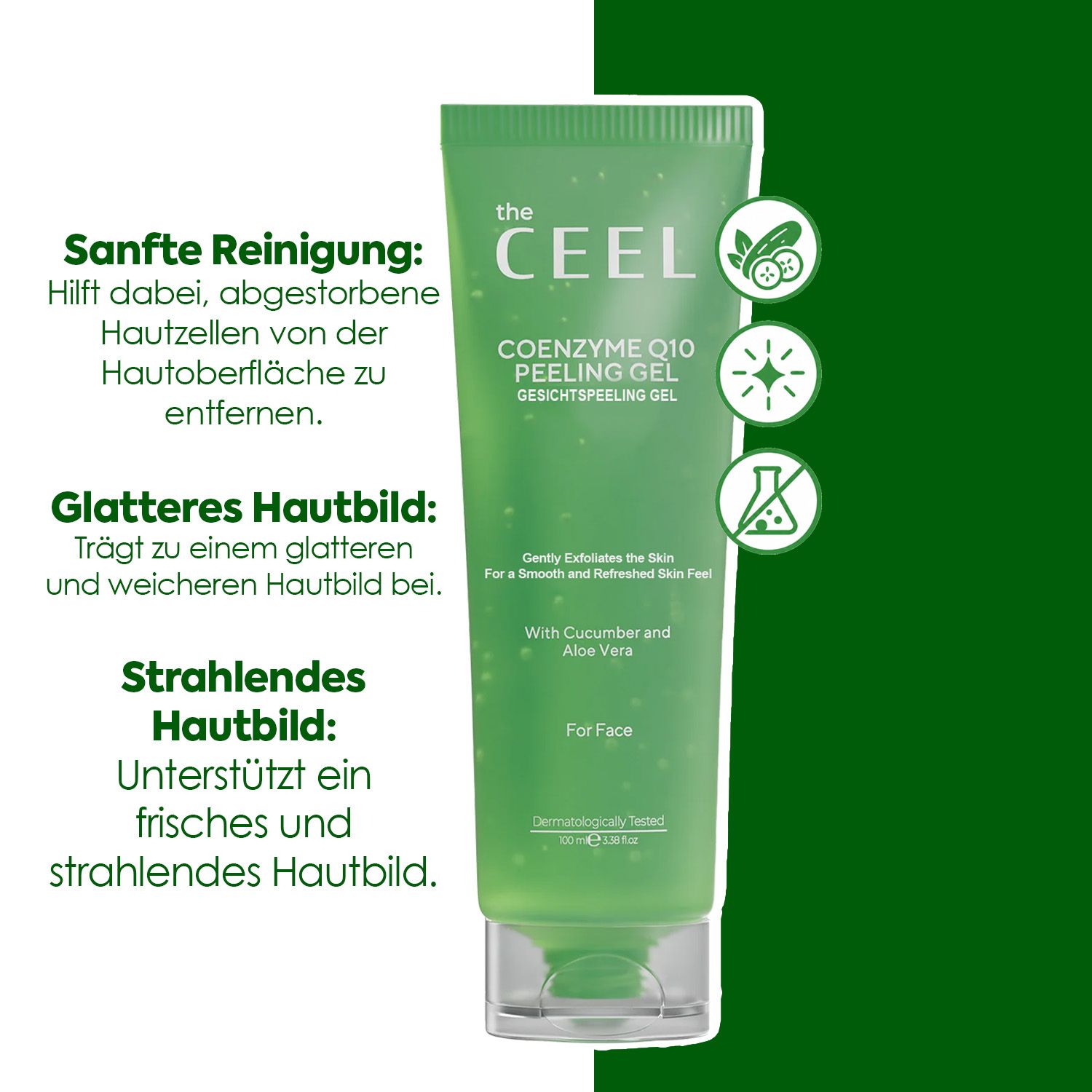 Grüne Tube mit "the CEEL COENZYME Q10 PEELING GEL" Aufschrift. Enthält Gurken- und Aloe Vera Extrakt.