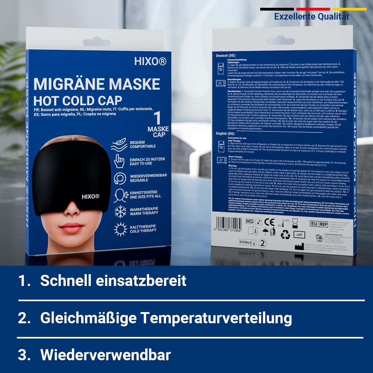Verpackung der HIXO Migräne Maske mit Vorder- und Rückseite, zeigt Produkt und Details.