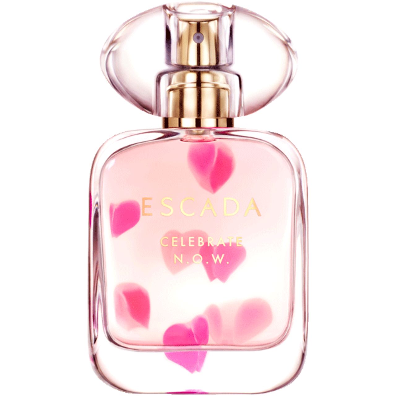 Escada Celebrate Now Eau de Parfum Spray Flakon. Rosa Flüssigkeit, Blütenblätter. Aufschrift: Escada Celebrate N.O.W.
