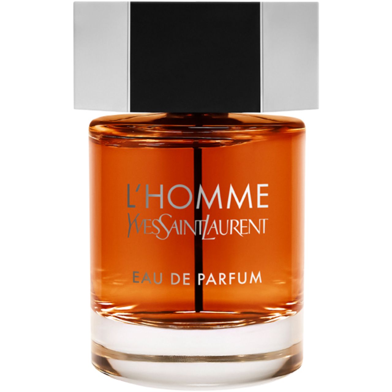 Yves Saint Laurent L'Homme Intense Eau de Parfum Flakon. Flakon mit silbernem Deckel und schwarzem Einsatz.