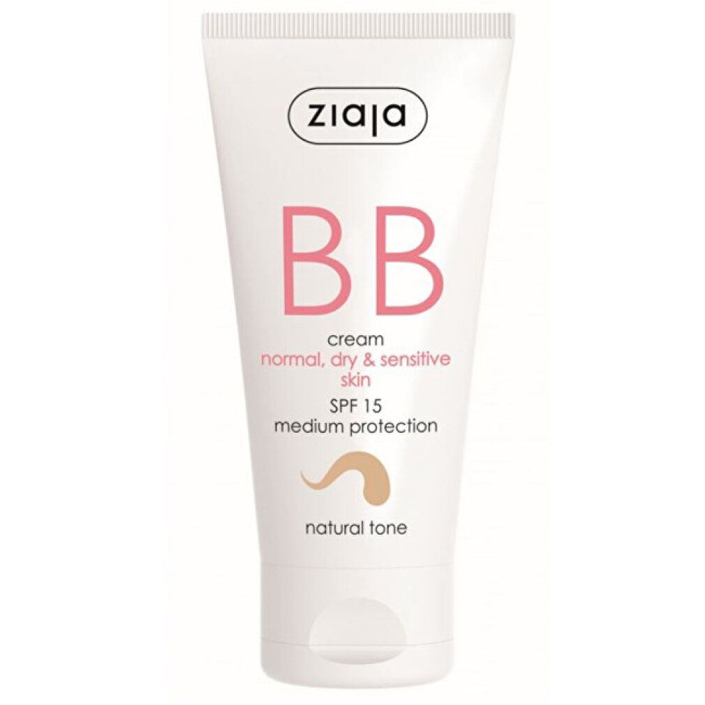 Weiße Tube mit rosa BB-Schriftzug, SPF 15 und Farbton-Angabe. Marke Ziaja oben. Für normale, trockene und empfindliche Haut.
