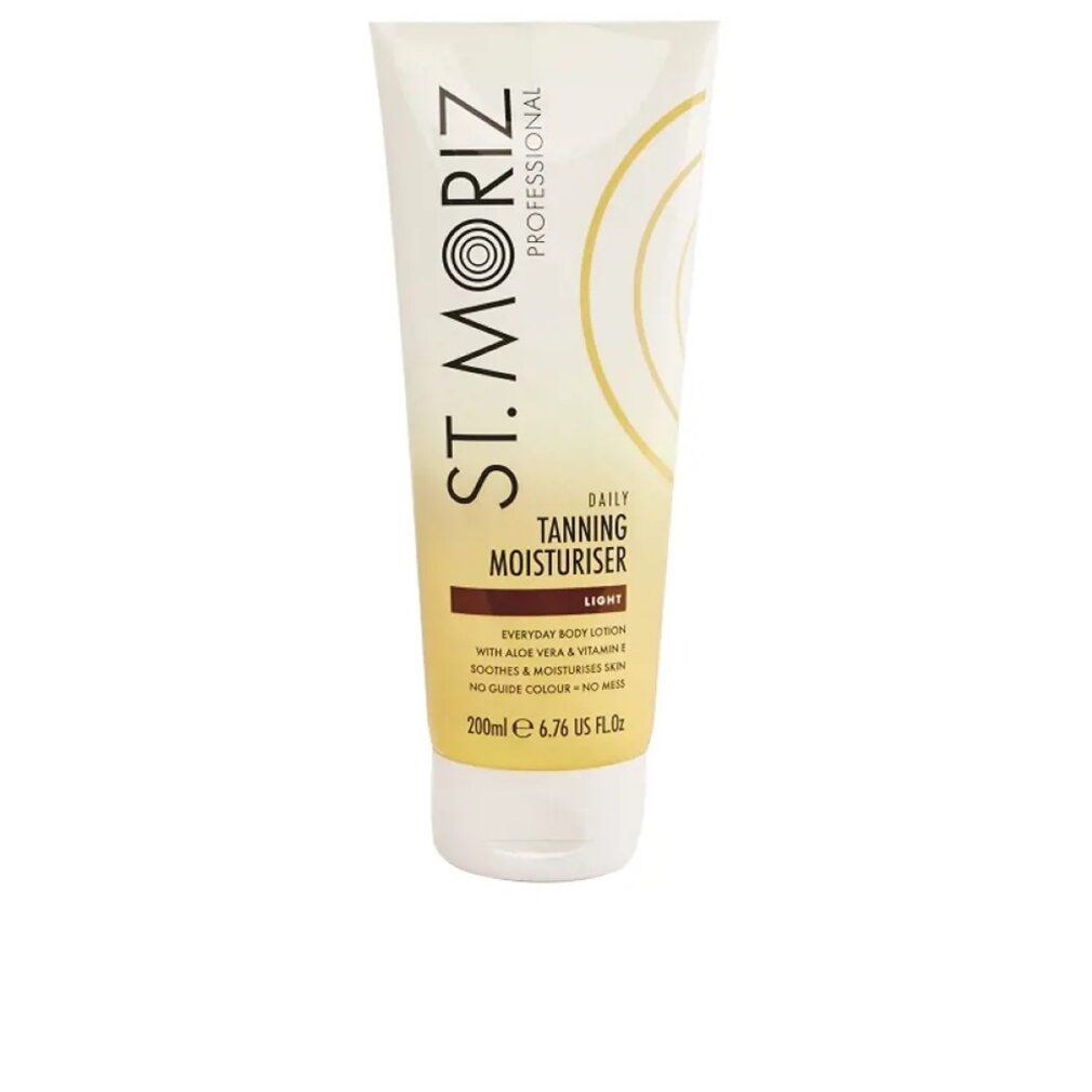 Tube mit St. Moriz Daily Tanning Moisturiser Light. Gelb-weiß, Produktname und Details. 200ml.