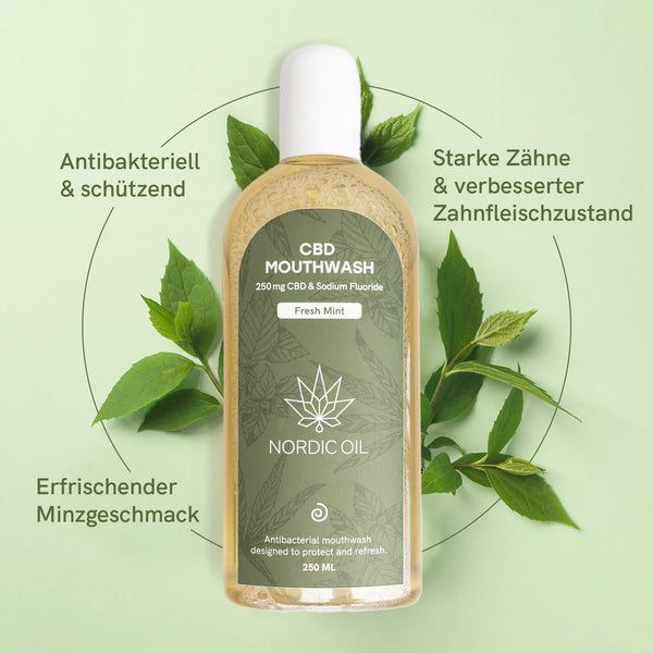 Flasche mit grünem Etikett, umgeben von Blättern. Etikett mit Text: CBD Mouthwash, Nordic Oil, 250mg CBD & Sodium Fluoride.