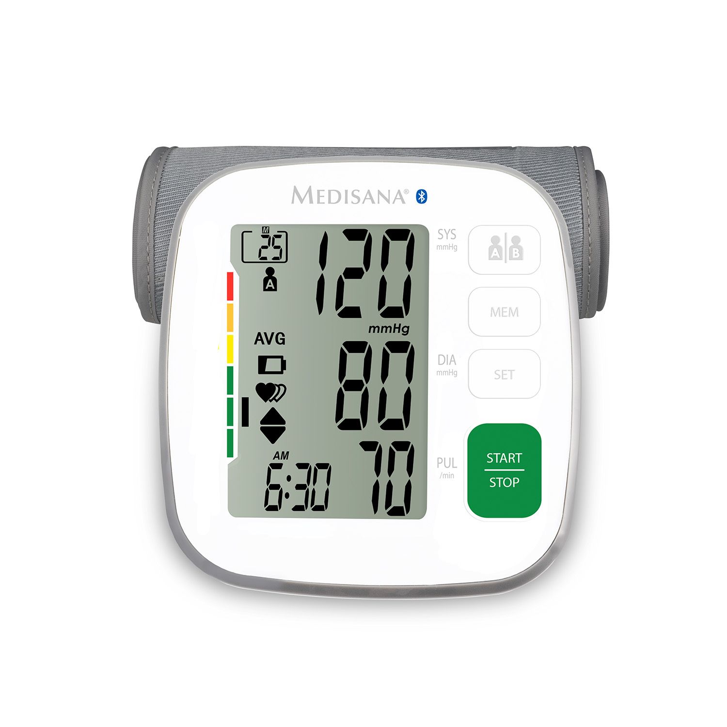 Blutdruckmessgerät mit digitaler Anzeige. Weißes Gehäuse, graue Manschette. Messwerte: 120/80 mmHg.
