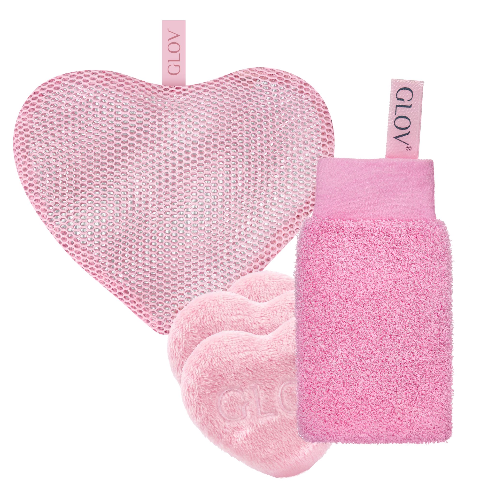 Ein rosa Herz-förmiges Netz-Pad und ein rosa Handtuch-Pad mit Schlaufen.