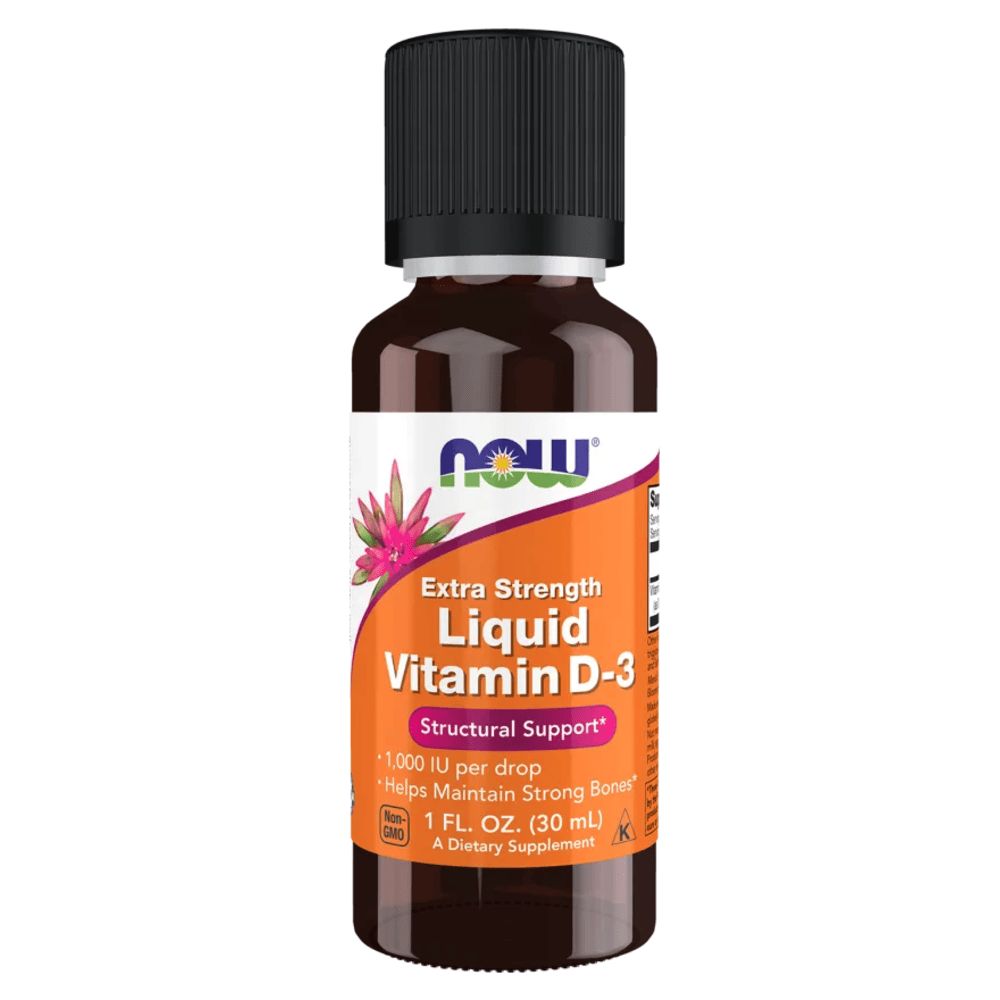 Braune Glasflasche mit schwarzem Deckel. Etikett mit "NOW" Logo, "Vitamin D-3" und "1000 IE". Orangefarbener Hintergrund.