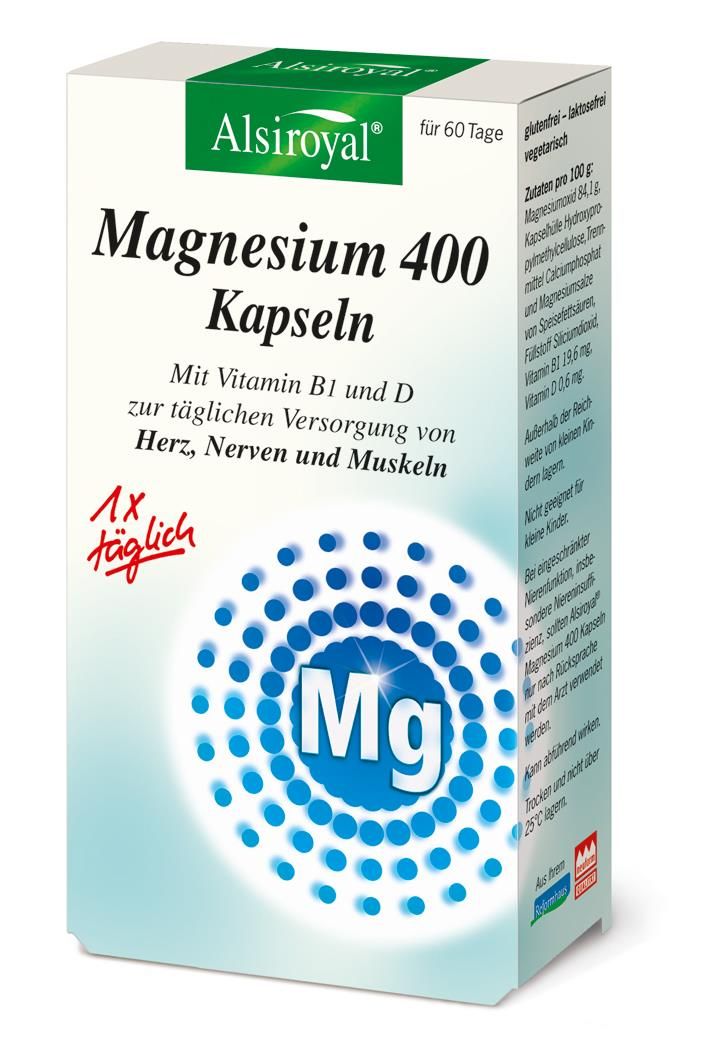 Weißer Karton mit Alsiroyal Magnesium 400 Kapseln. Enthält Vitamin B1 und D. Aufschrift: für 60 Tage. Mit Mg-Logo.