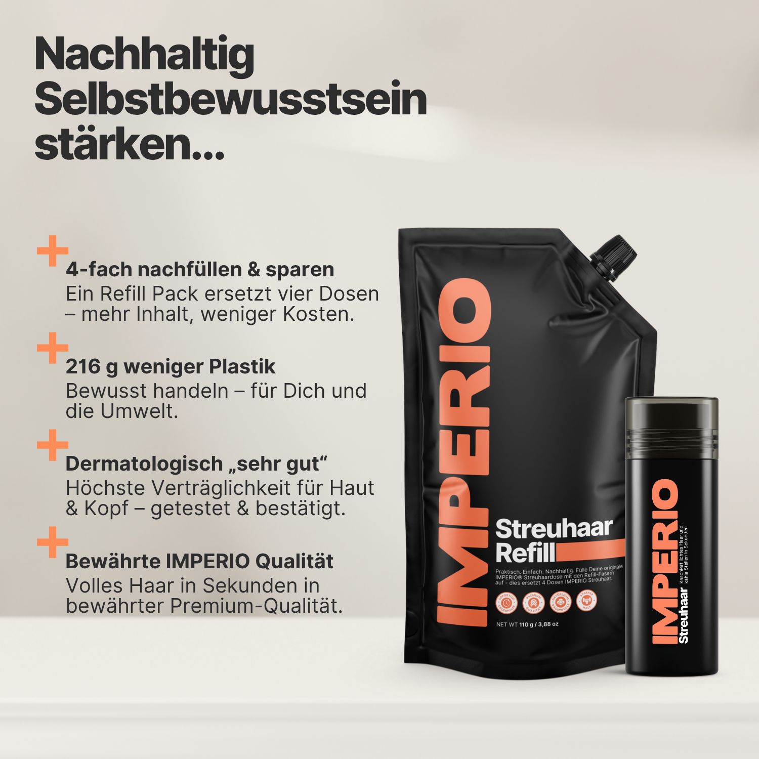 IMPERIO® Streuhaar Refill Pack und Dose. Text: 4-fach nachfüllen & sparen. Dermatologisch „sehr gut“. Bewährte IMPERIO Qualität.