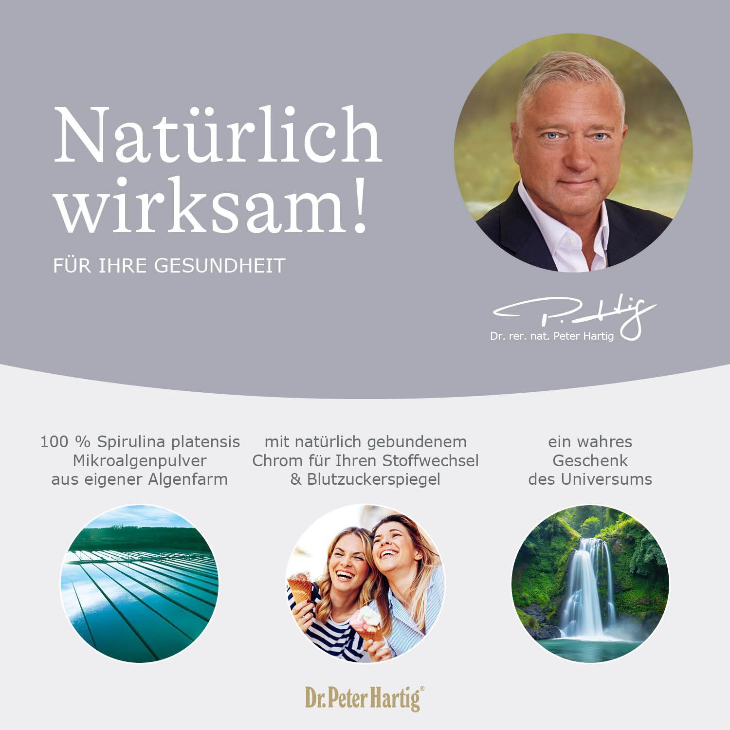 Werbebild mit Dr. Peter Hartig. Text: "Natürlich wirksam!" und Produktinformationen. Logos von Dr. Peter Hartig.