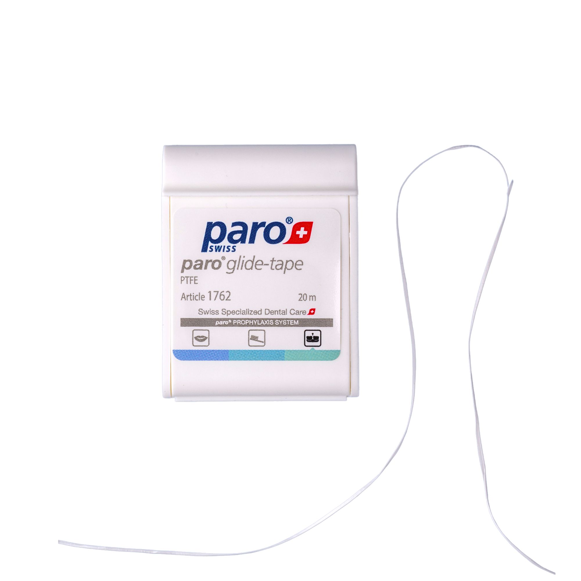 Paro glide-tape Zahnseide, 20m PTFE, in weißem Spender.