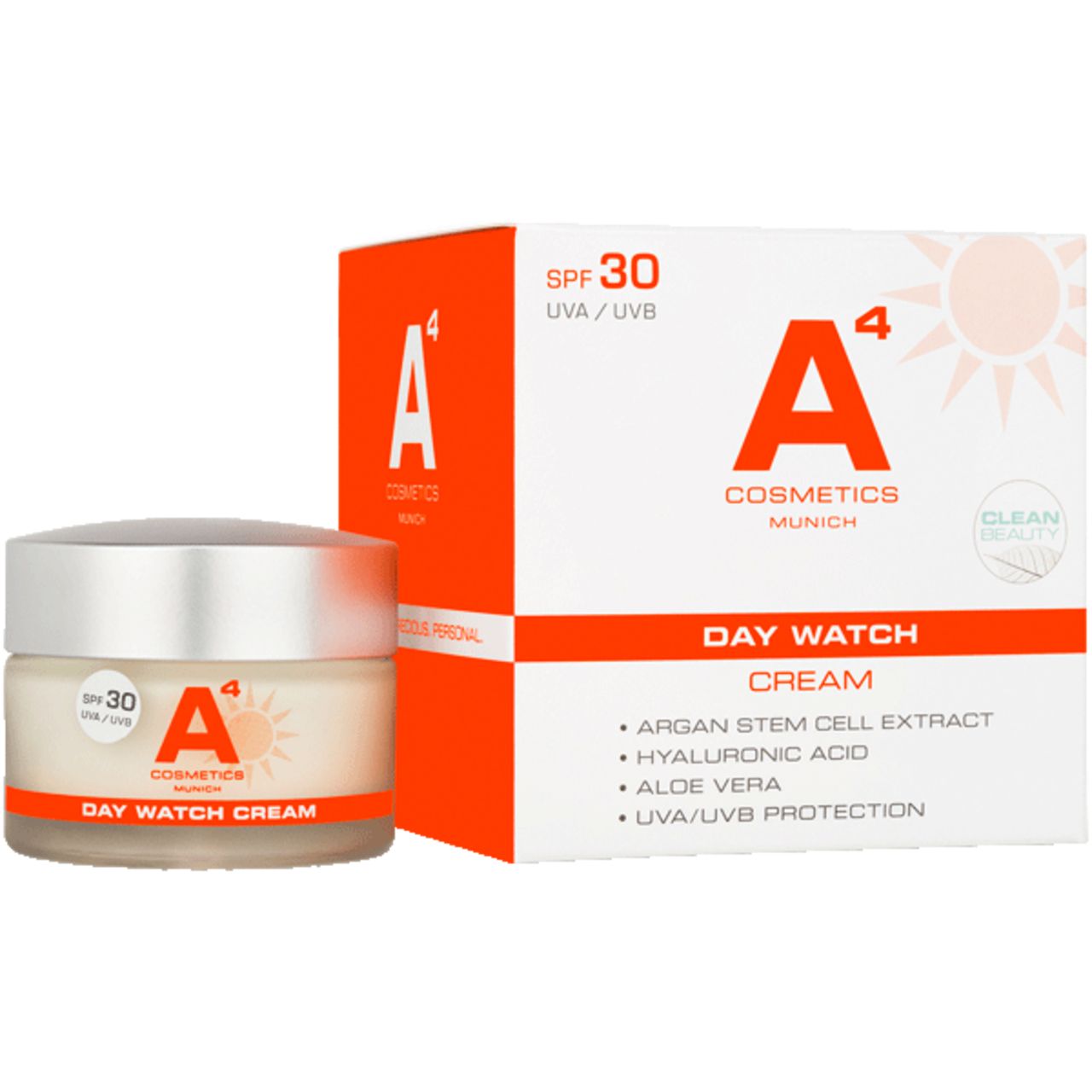 Creme-Tiegel und Verpackung. Aufschrift: A4 Cosmetics, Day Watch Cream SPF 30. Verpackung mit Inhaltsstoffen.