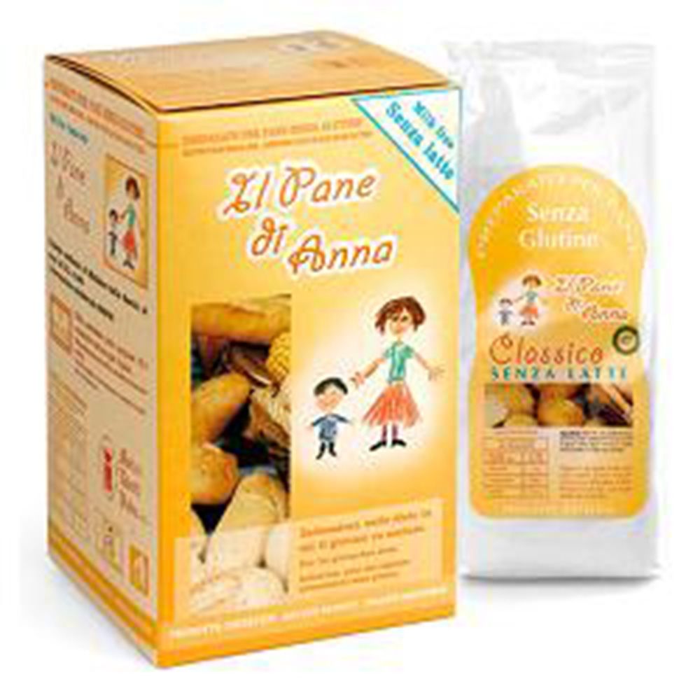 Confezione "Il Pane di Anna". Scatola e sacchetto. Scritte: "Senza Glutine" e "Senza Latte". Illustrazione madre e bambino.