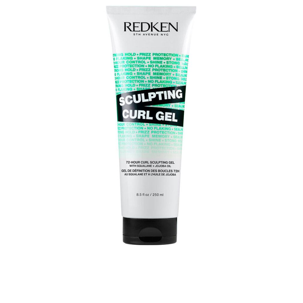 Redken Sculpting Curl Gel Tube. Weiß mit schwarzem Deckel. Text: Sculpting Curl Gel, 72-Stunden-Locken, mit Squalanöl und Jojobaöl.