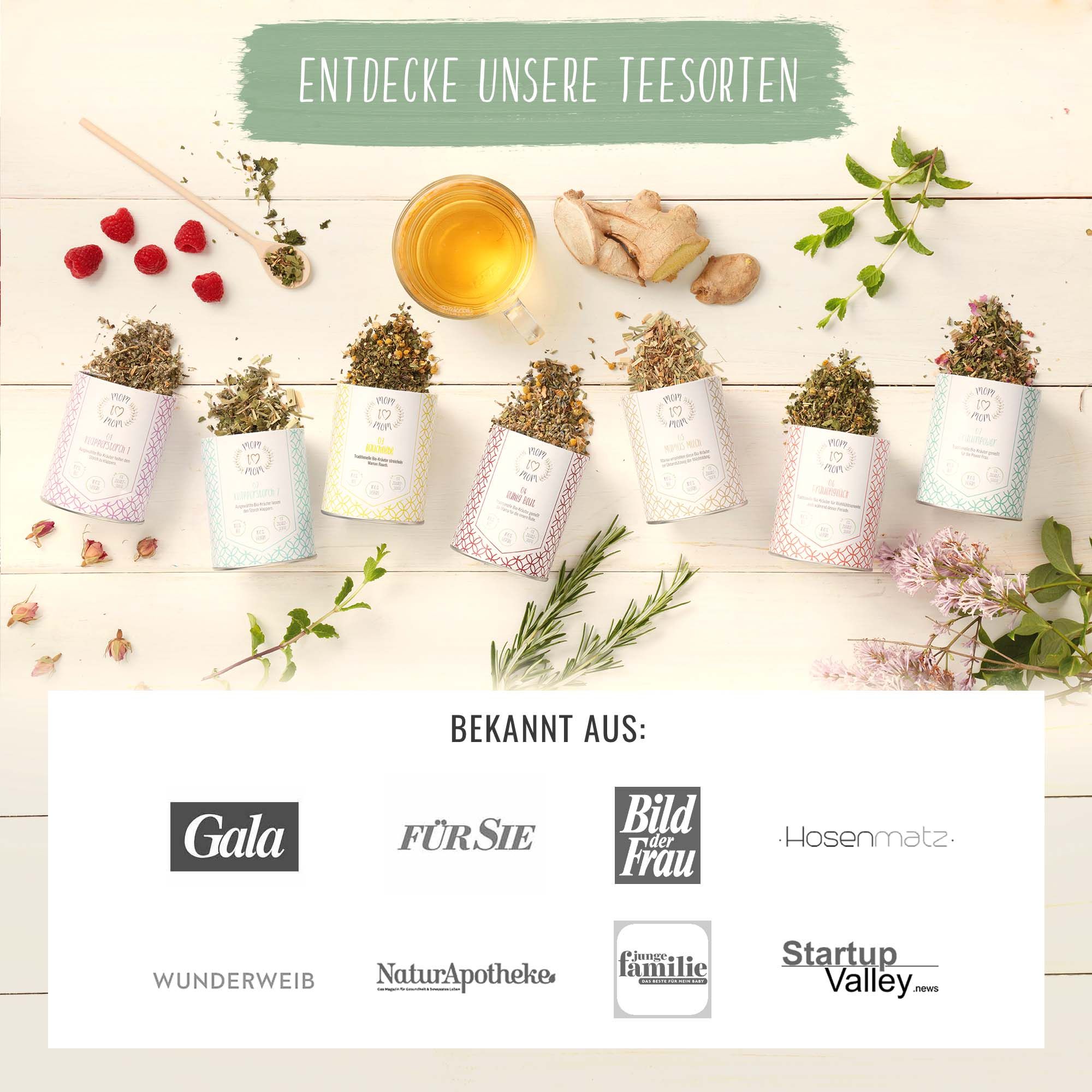 Verschiedene Teesorten in kleinen Beuteln. Logo: Gala, Für Sie, Bild der Frau, u.a.