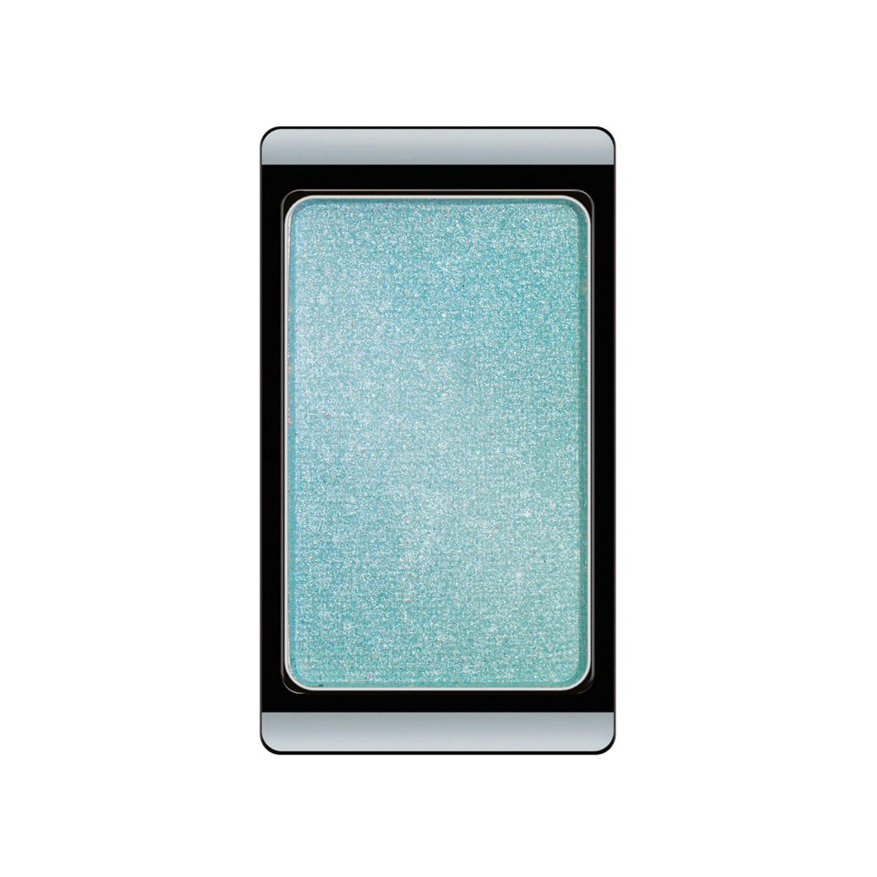 Artdeco Lidschatten Duochrome. Türkis-farbener Lidschatten in rechteckiger, schwarzer und silberner Hülle.