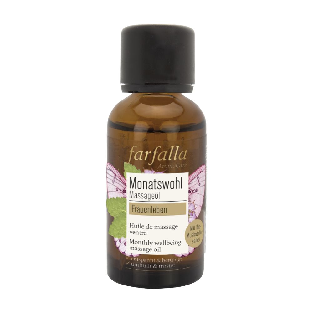 Braune Glasflasche mit schwarzem Deckel. Aufschrift: Farfalla Monatswohl Massageöl. Etikett mit Schmetterlingsmotiv und Text.
