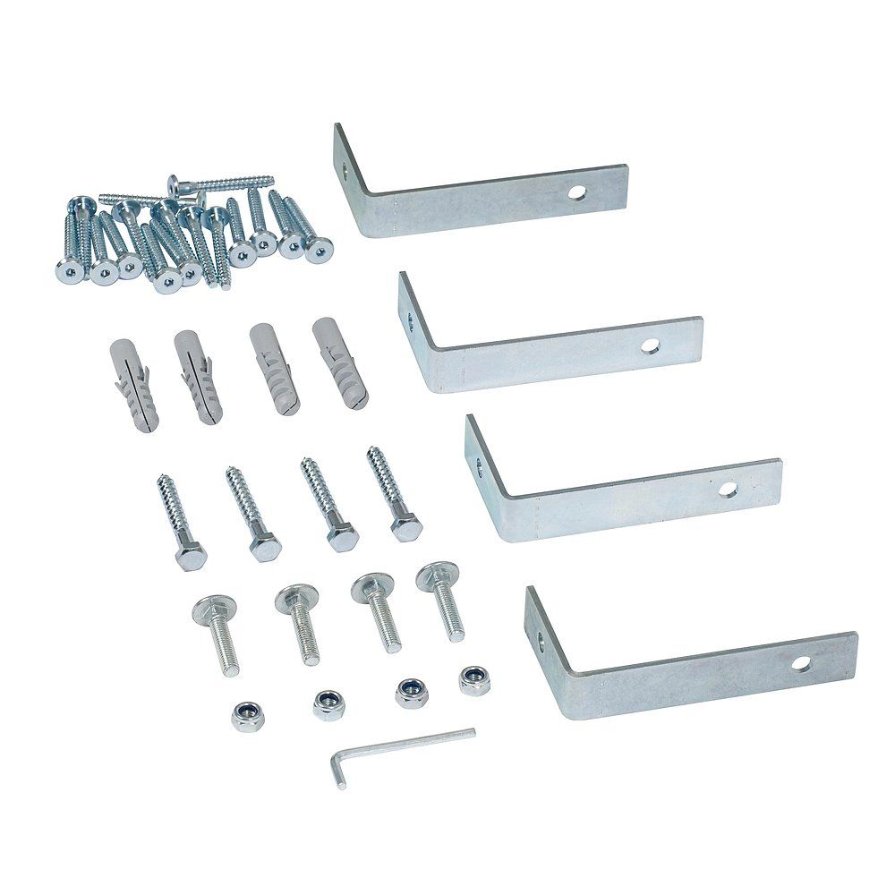 Metallwinkel, Schrauben, Dübel, Muttern und Inbusschlüssel. Verschiedene Größen.