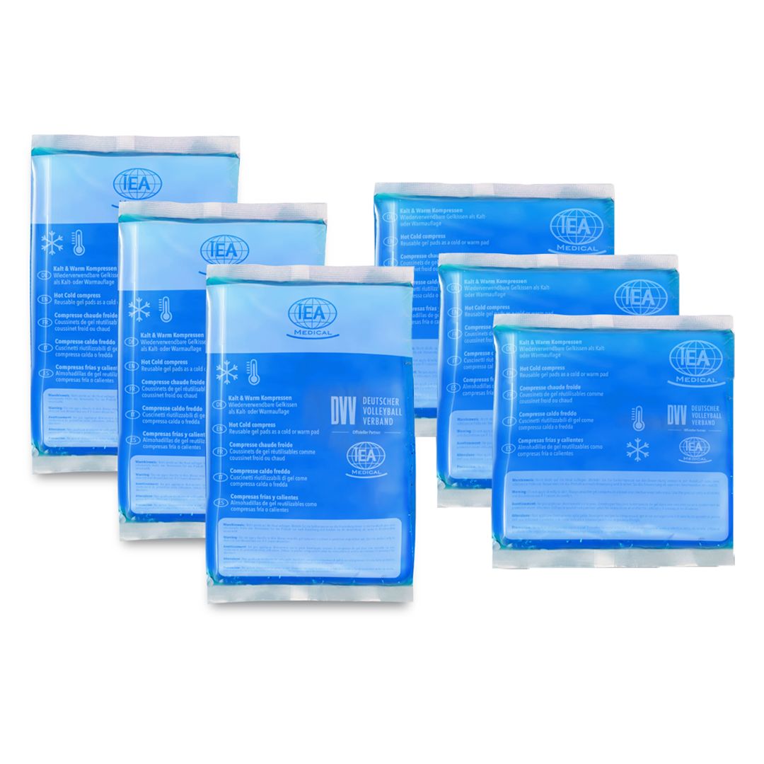 Sechs blaue Kompressen mit IEA-Logo. Verpackung mit Thermometer-Symbolen und DVV-Siegel.