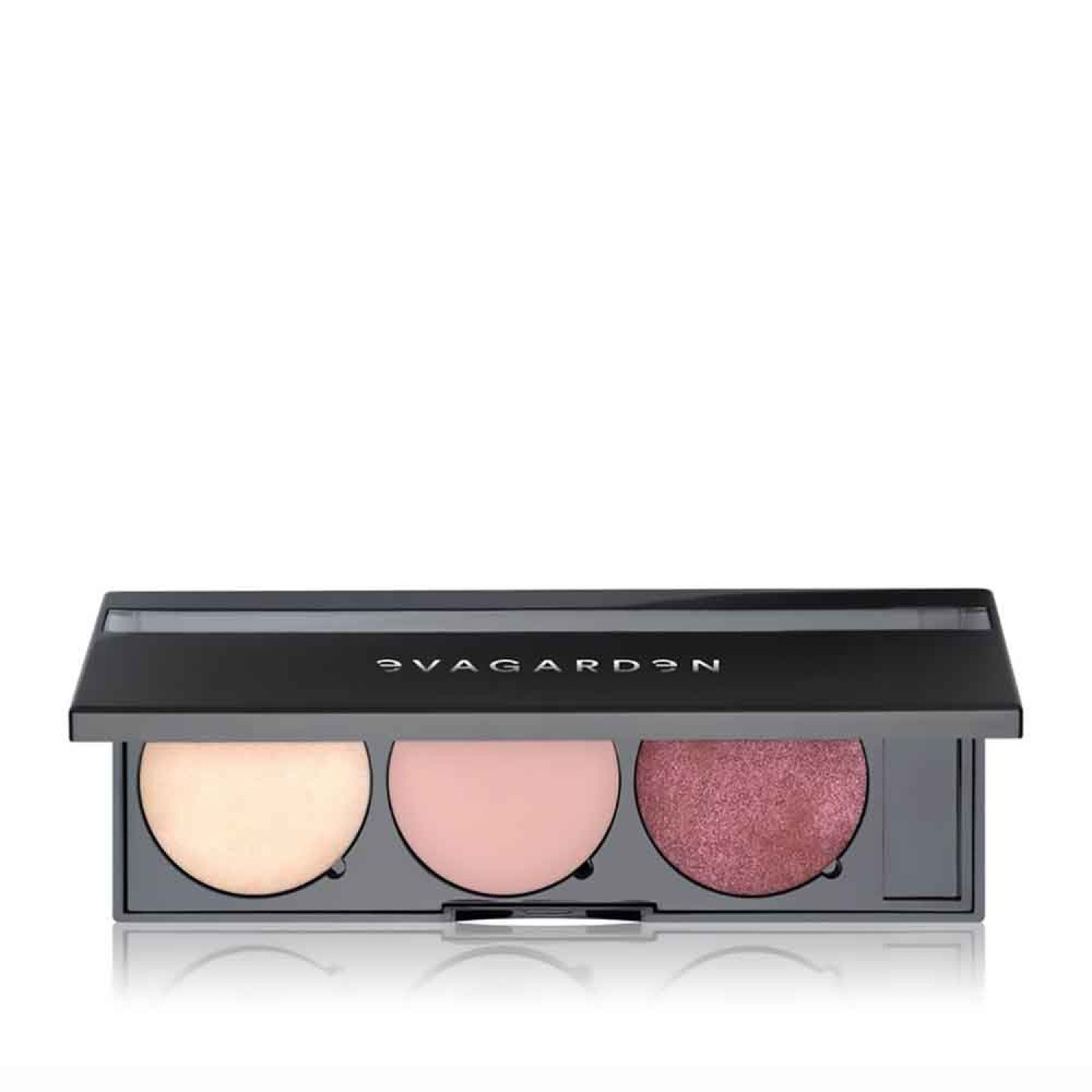 Lidschatten-Palette mit drei runden Farben. Schwarzes Gehäuse mit dem Schriftzug "Eva Garden". Farben: Beige, Rosa, glitzerndes Rot.