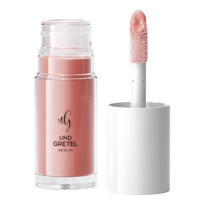 UND GRETEL GLIZ High Shine Lip Oil in Cotton Candy. Clear bottle with pink oil and white applicator.
