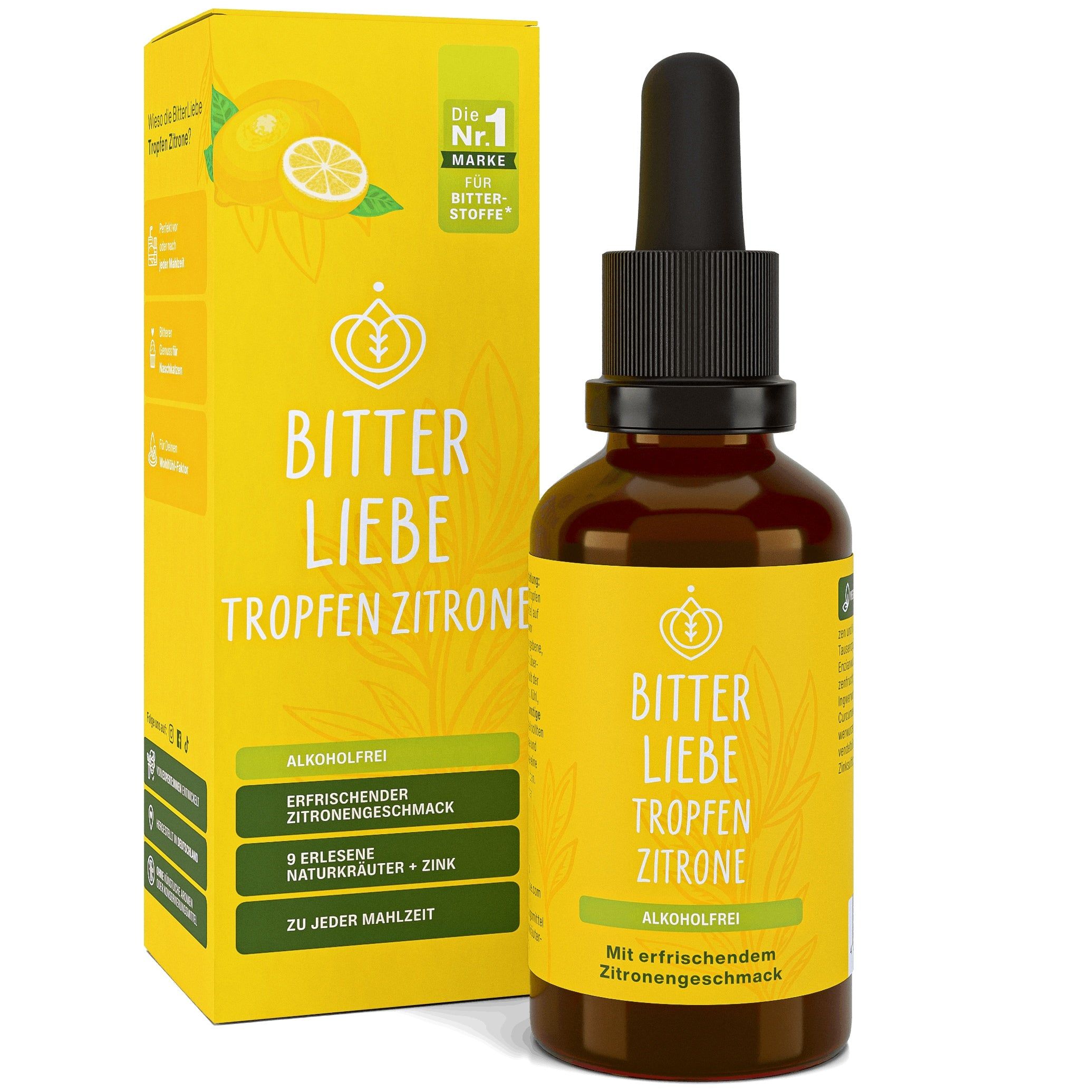 BitterLiebe - Tropfen Zitrone Alkoholfrei Bitterstoffe mit Zink vegan 100 ml