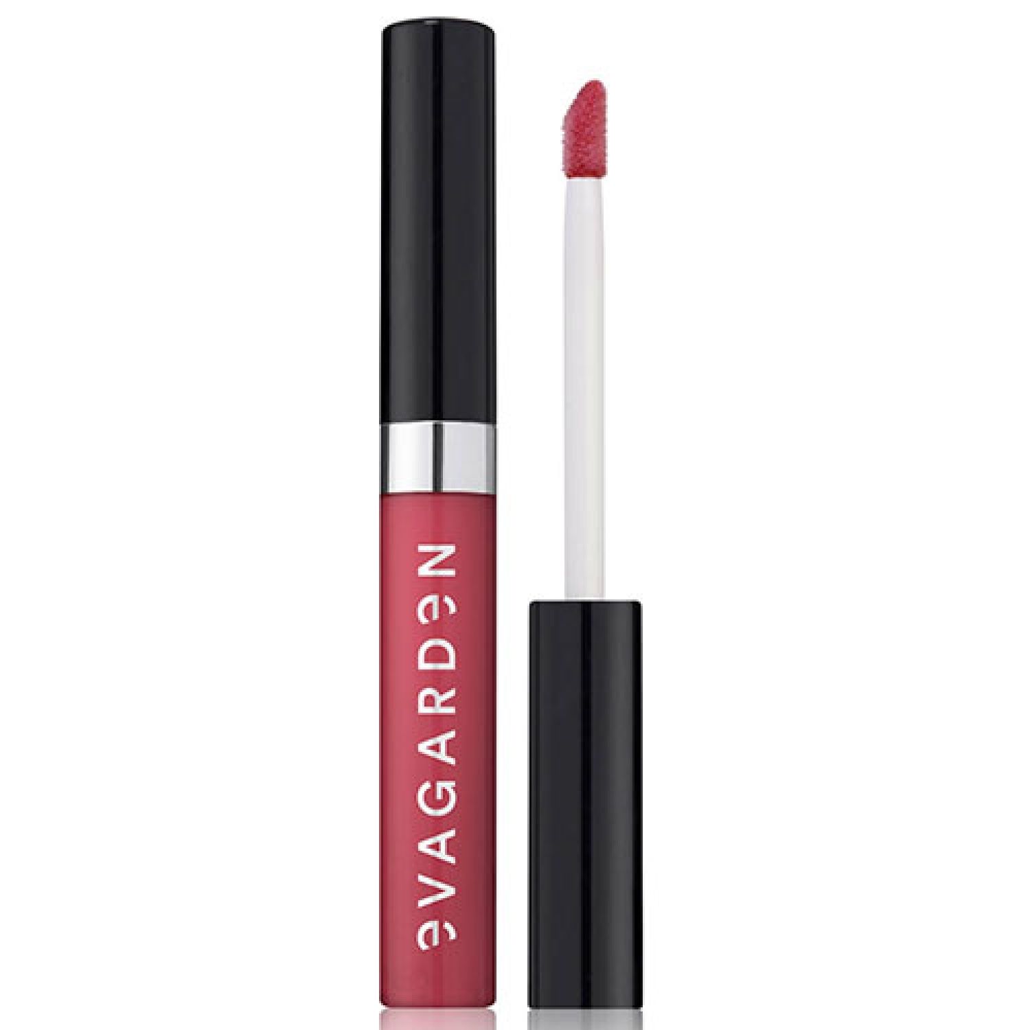 Lippen-Velvet-Lip-Cream, Claret Red. Schwarze Kappe, silberner Ring, roter Behälter mit weißem Schriftzug. Applikator.