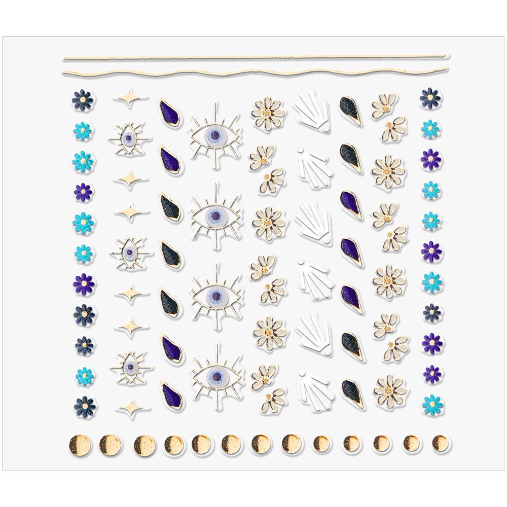 Nagelsticker mit goldenen, blauen und weißen Designs. Motive: Augen, Blüten, Tränen, Muscheln und Monde.