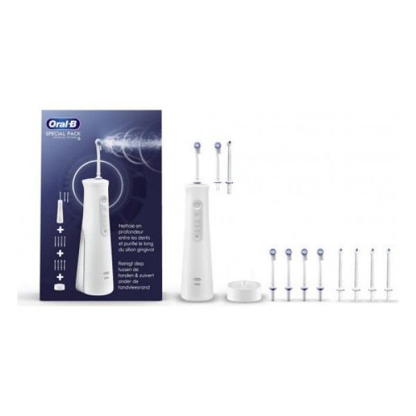 Zahnreiniger-Set mit Munddusche, Ladestation und Aufsätzen. Verpackung mit Produktabbildung und Text. Marke Oral-B.