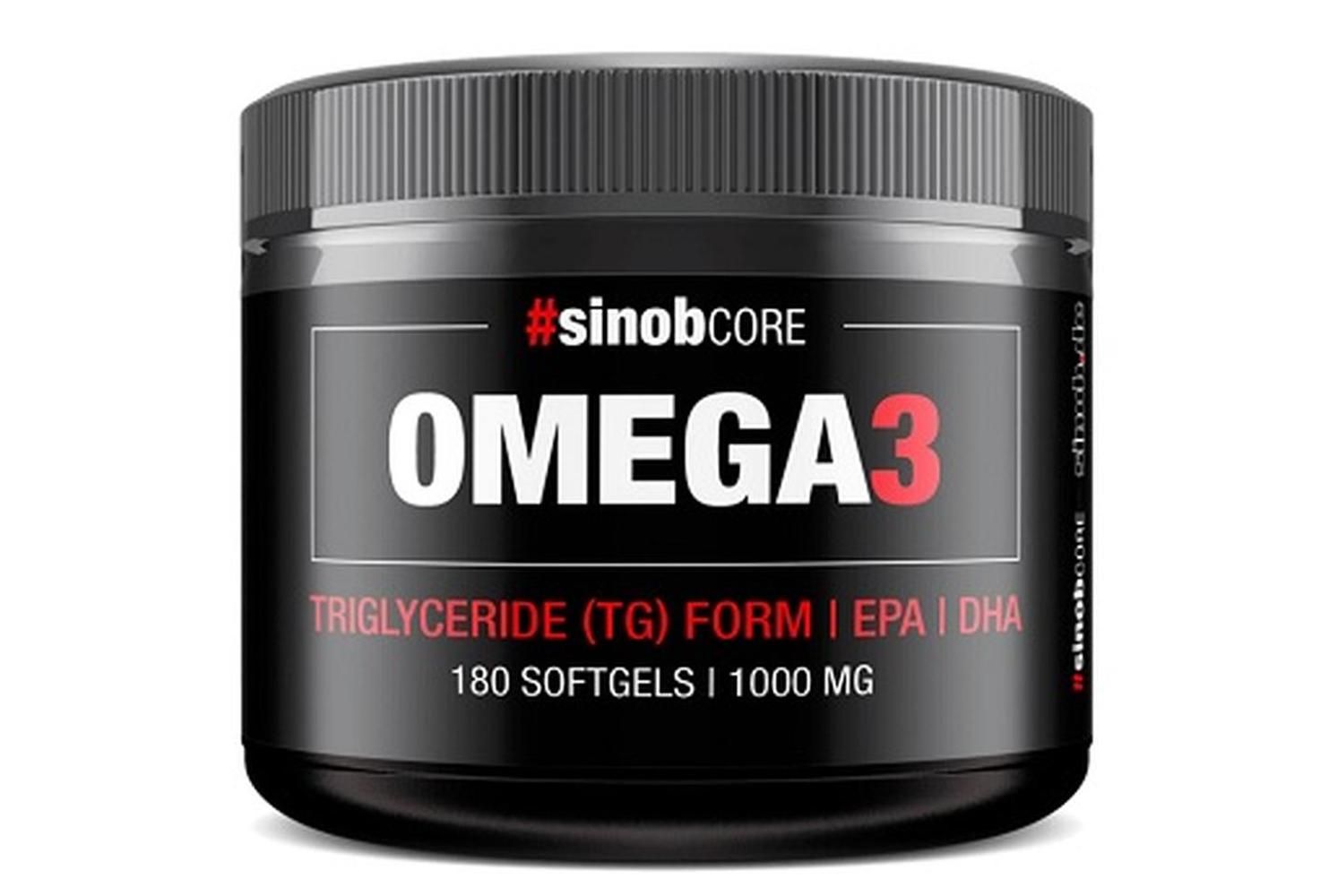Schwarze Dose mit Omega 3. Aufschrift: Omega 3, Triglyceride (TG) Form, 180 Softgels, 1000 mg. Marke: #sinobCORE.