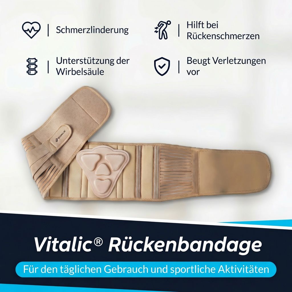 Vitalic Rückenbandage mit Pelotte zur Unterstützung der Wirbelsäule und Schmerzlinderung.