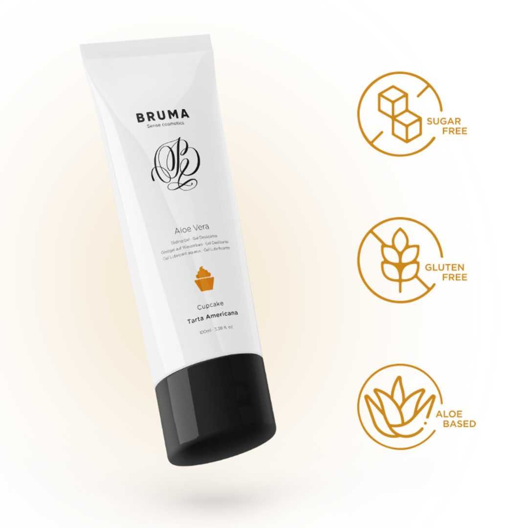 Weiße Tube mit schwarzem Deckel. Aufschrift BRUMA, Aloe Vera, Cupcake, Tarta Americana. Icons: Zuckerfrei, Glutenfrei, Aloe-basiert.