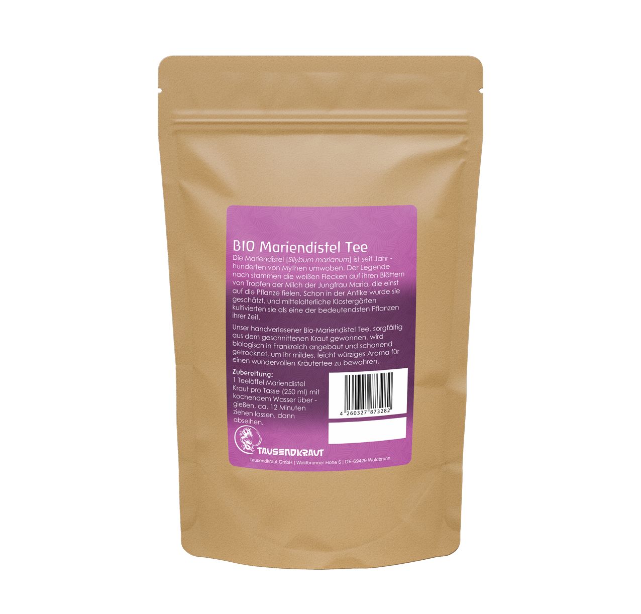 Braune Papiertüte mit lila Etikett für BIO Mariendistel Tee, 100g.