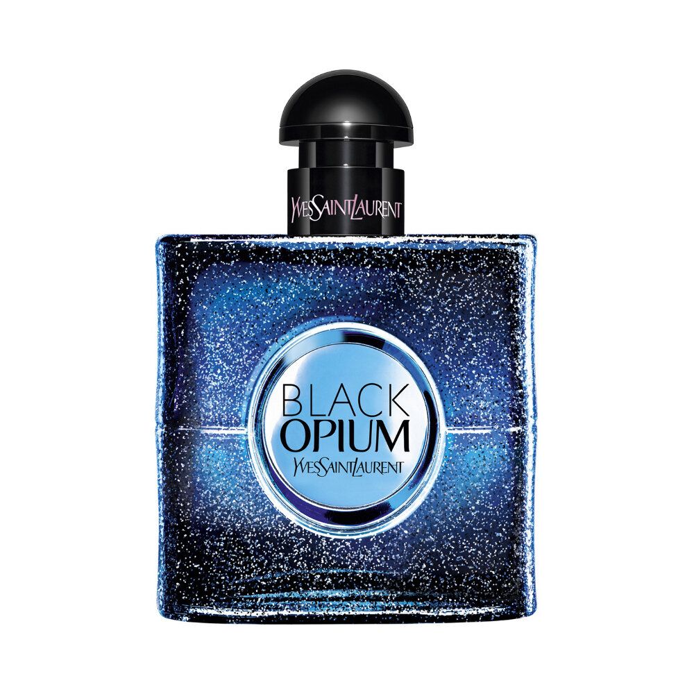 Dunkelblauer Flakon mit schwarzem Verschluss. Aufschrift: Black Opium, Yves Saint Laurent.