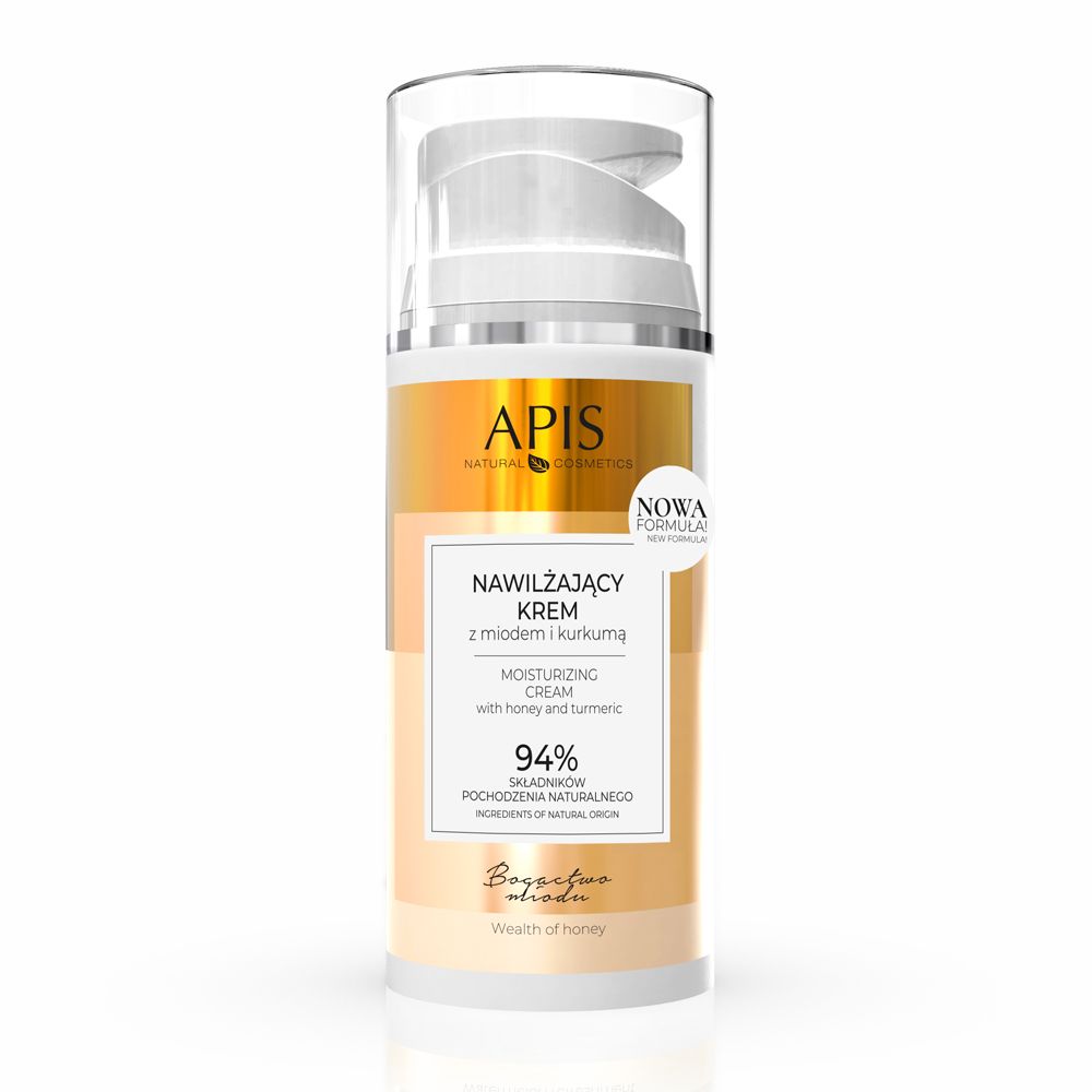 Creme-Spenderflasche mit Aufschrift "APIS". Text: "NAWILŻAJĄCY KREM z miodem i kurkumą". Etikett mit 94% natürlichen Inhaltsstoffen.